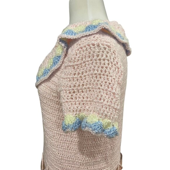 Vintage Handmade Crochet women Barbie style Dress With Scallop Trim Zigzag Belt - Picture 7 of 16